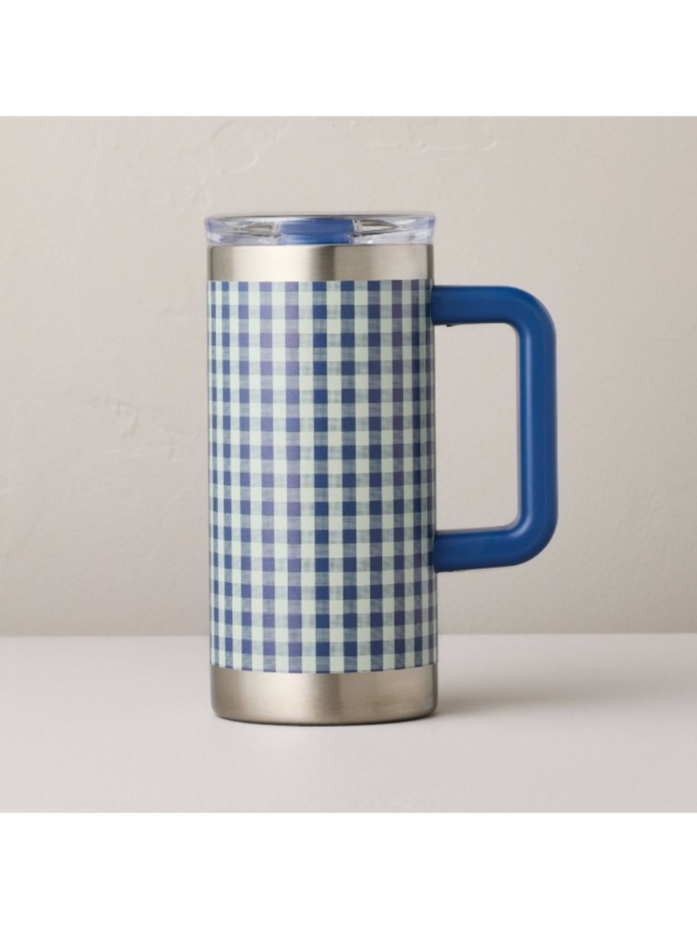 20 fl oz Large Stainless Steel Insulated Travel Mug Blue Gingham - Hearth & Hand